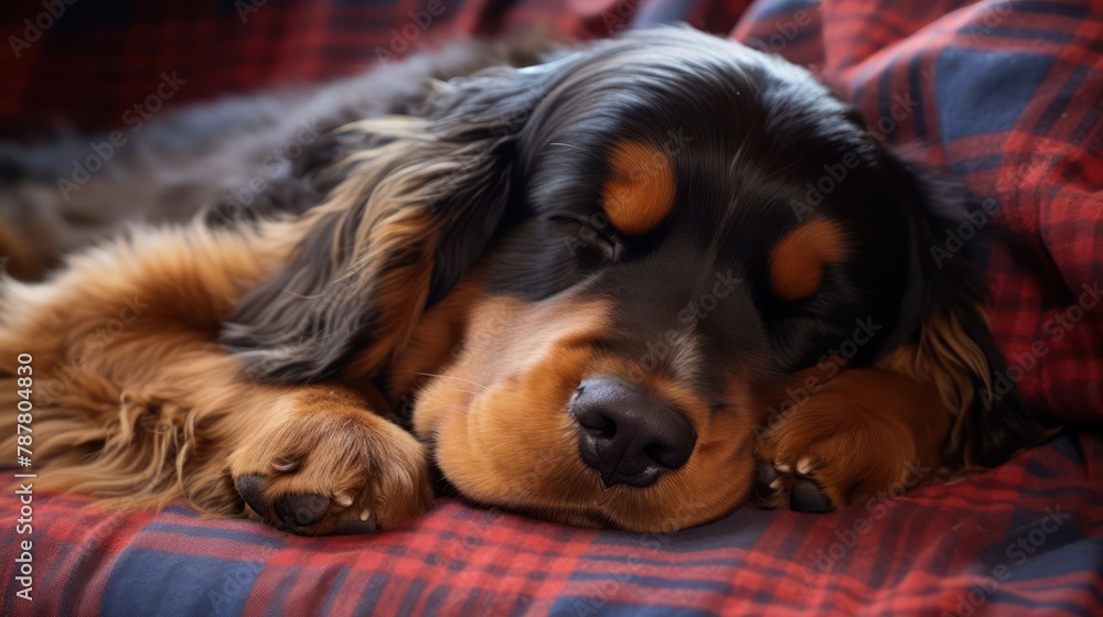 Bernese Mountain Dog dog peacefully asleep on a plush and cozy sofa Bernese Mountain Dog dog peacefully asleep on a plush and cozy sofa