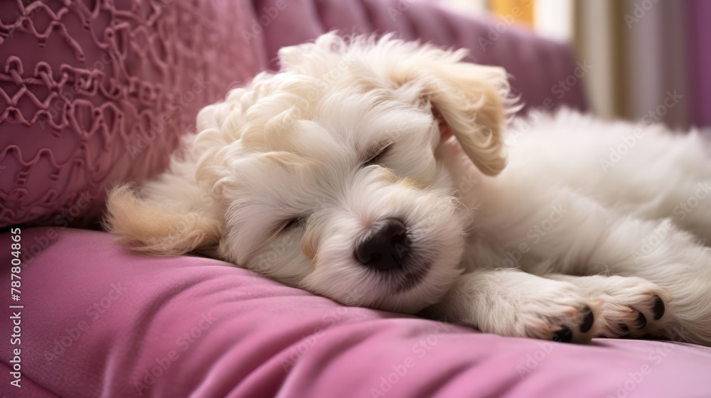 Bichon Frise dog peacefully asleep on a plush and cozy sofa Bichon Frise dog peacefully asleep on a plush and cozy sofa