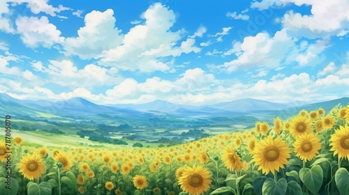 panorama view of nature sunflower field and blue sky in cartoon illustration style