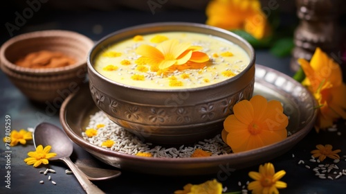 bowl of milk-soaked chia seeds topped with edible marigold petals