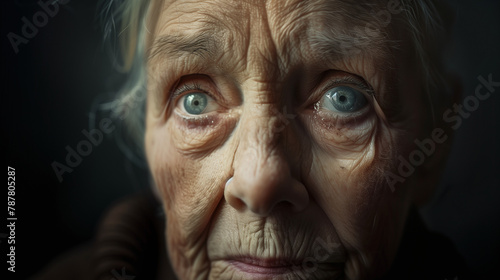an elderly woman with deep wrinkles, expressive eyes telling a life story photo