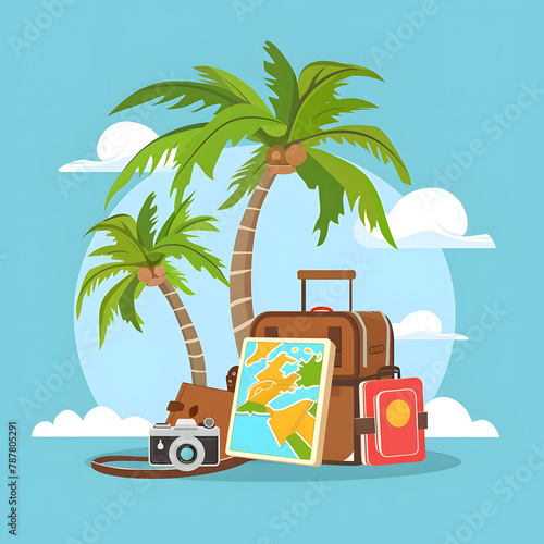 Summer holiday background with hat  plane  suitcase and copy space..
