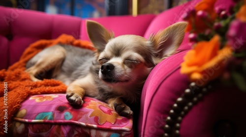Chihuahua dog peacefully asleep on a plush and cozy sofa