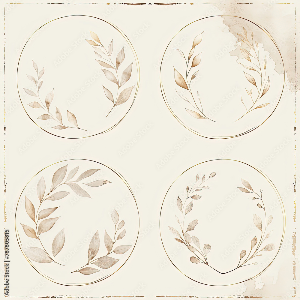 a image of a set of four circular gold frames with leaves