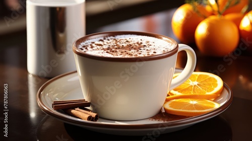 cup of hot chocolate with a sprinkle of cinnamon and a side of fresh orange slices