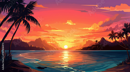 tropical sunset or sunrise with palm trees and beach in cartoon illustration © Aura