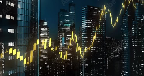 Animated graph in a digitally generated cityscape, perfectly usable for all kinds of topics related to finance, business and stock exchange. Stock Chart Emerging Between Skyscrapers photo