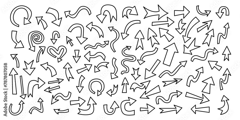 Set of black, hand drawn, doodle spiral arrows. Set of black, hand drawn, doodle spiral arrows.