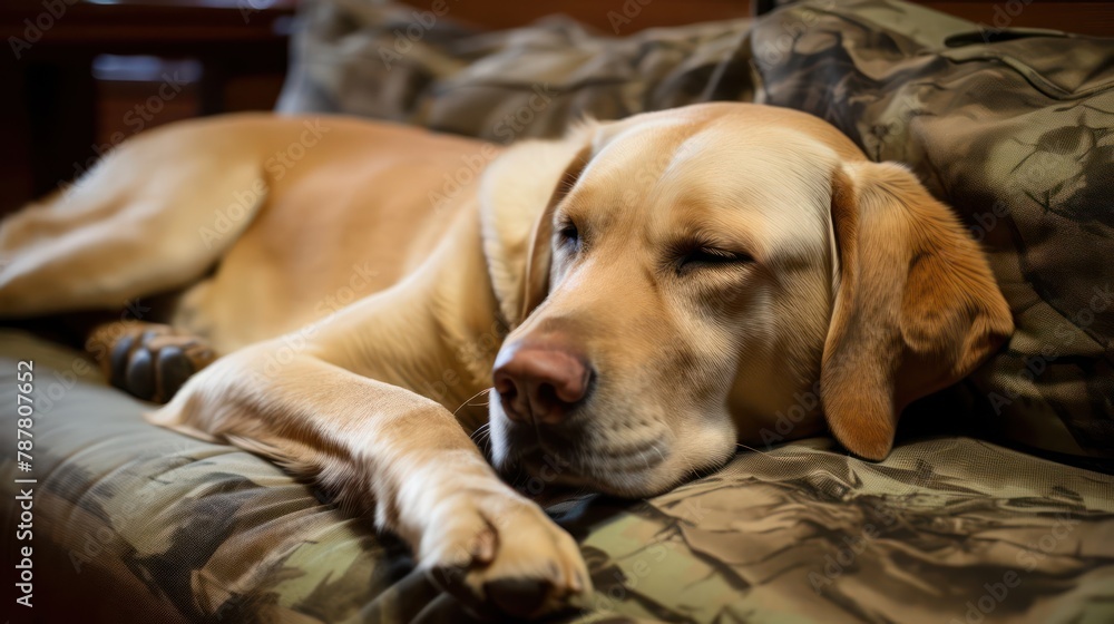Labrador Retriever peacefully asleep on a plush and cozy sofa