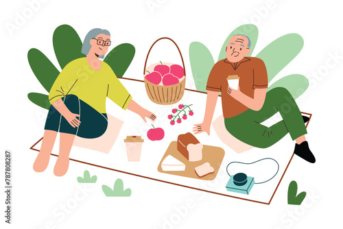 Elderly couple enjoying picnic, mature man and woman eating on blanket in park, summer activity for senior family, having lunch outdoors, vector illustrations of flat characters, fruit in basket