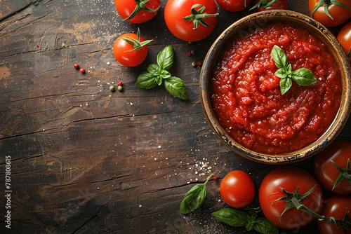 A bowl of tomato sauce surrounded by tomatoes and basil leaves on a wooden table with a spoon and a