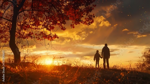 Silhouette of family looking for the autumn sunrise background