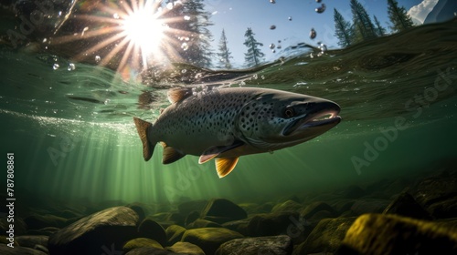 nature of a trout in a mountain river surrounded by lush scenery