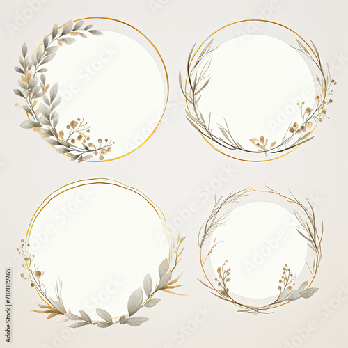 a set of four round floral frames with gold leaves and branches