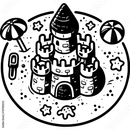 Fortress with towers built of sand on shore in monochrome. Beach toys. Simple minimalistic vector in black ink drawing on transparent background