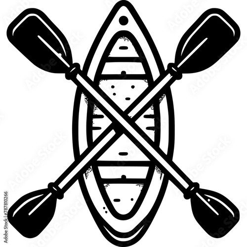 Kayak boat with rubber oars in monochrome. Equipment for active recreation. Simple minimalistic vector in black ink drawing on transparent background