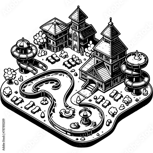 Summer amusement park in monochrome. Theme park with pool and water slides. Simple minimalistic vector in black ink drawing on transparent background