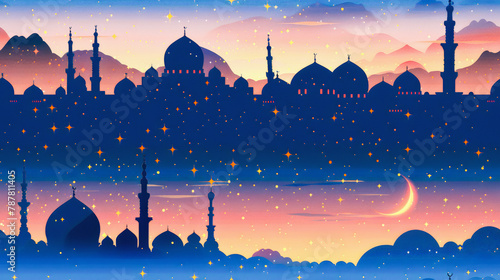 Illustration of a Middle Eastern skyline with mosques and minarets at twilight, stars above and a crescent moon shining.