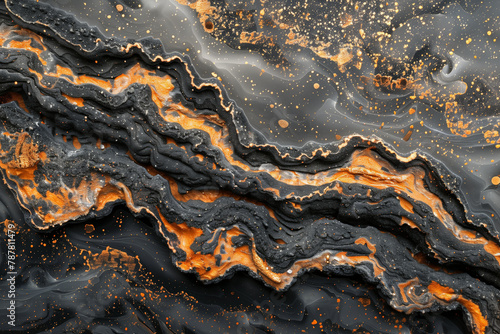 Abstract orange and black natural geological texture with gold flecks natural wallpaper background