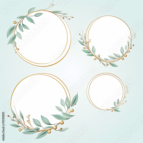 a close up of four round frames with leaves and berries