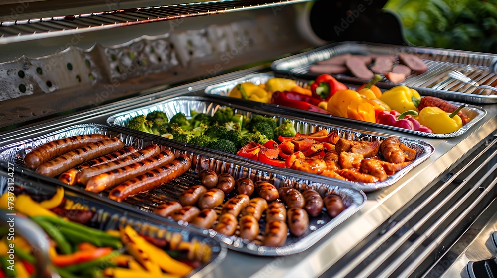 An opened gas grill with vegetables meat and sausages in aluminum barbeque trays or dip pans