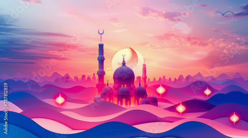 Illustration of a stylized mosque with crescents among pastel-colored desert dunes under a sunset sky adorned with floating lanterns. photo