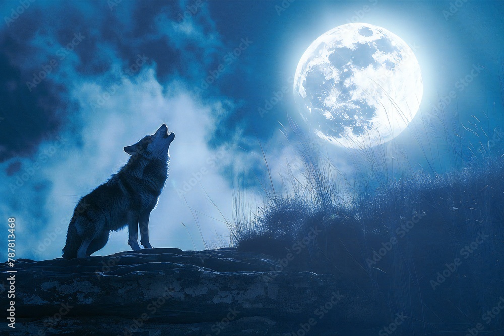 Wolf howling at the full moon in the night,   rendering