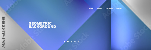 The design features a mesmerizing blue and silver geometric background with a gradient of electric blue and magenta. Shapes include rectangles, triangles, and an eyecatching display device