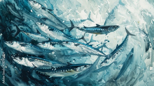 Mackerel has a forked tail and finely scaled skin. The body is silver and shiny. The body is slender and  round like a cylinder. Watercolor painting. Use for wallpaper, posters. © ongart