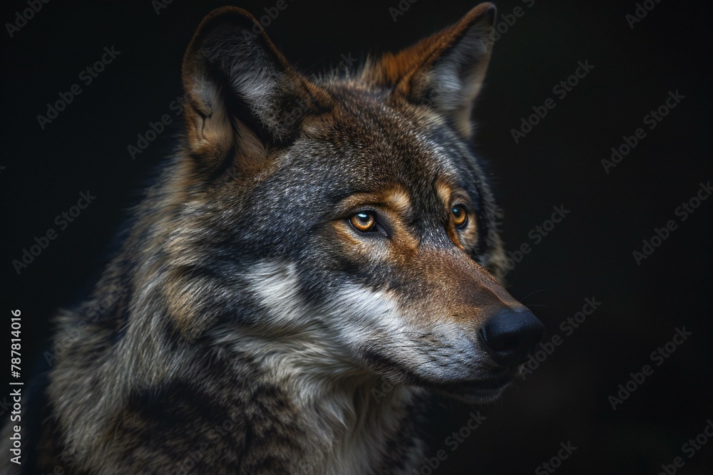 Portrait of a wolf on a black background,  Close-up