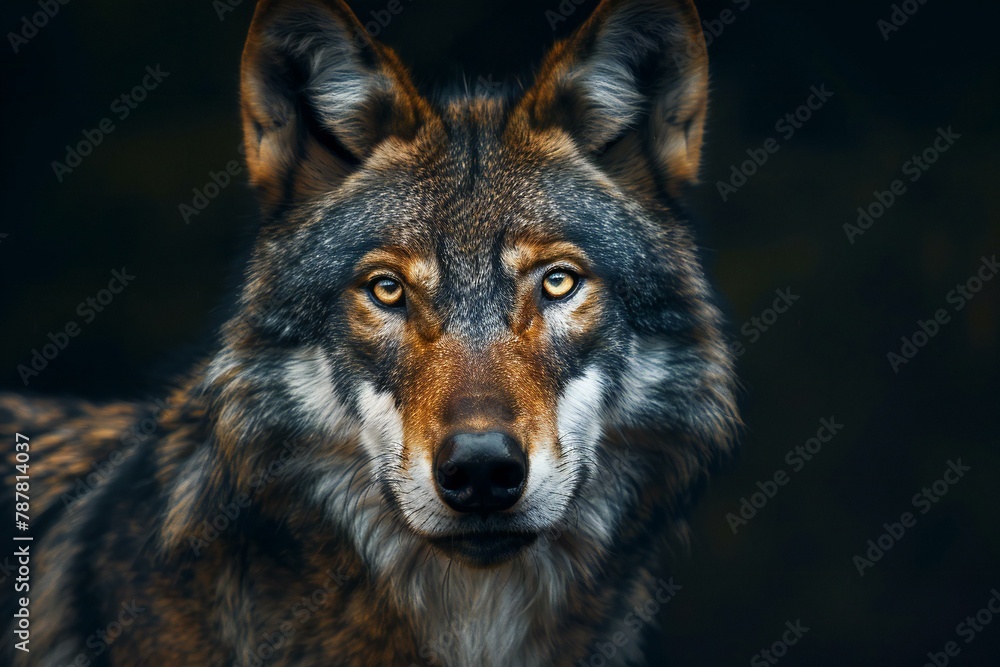 Portrait of a wolf on a dark background,  Close-up