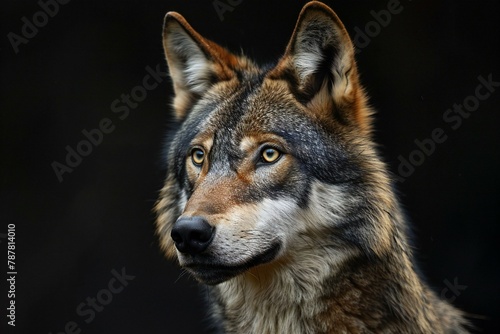 Portrait of a wolf on a dark background, close-up