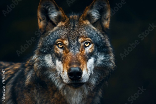 Portrait of a wolf on a dark background, Close-up