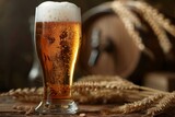 Glass of beer with wheat on a wooden table,  Beer background