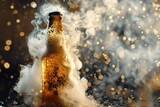 Cold beer in a glass bottle on a black background with smoke