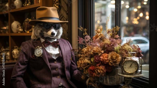 Imagine a dapper raccoon in a tweed blazer, complete with a bowler hat and a vintage pocket watch. Amidst a backdrop of city streets, it exudes old-world charm and urban elegance. The vibe: timeless a © Дмитрий Симаков