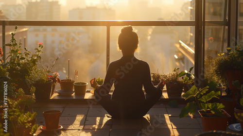 Girl meditating on the balcony in the early morning. v4 photo