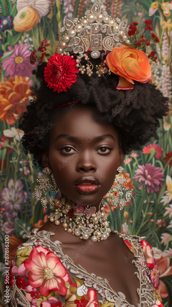 Beautiful black woman in fashion magazine style surrounded by flower arrangements. v2 Beautiful black woman in fashion magazine style surrounded by flower arrangements. v2