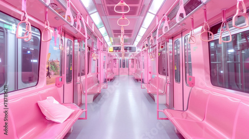 iside of a metro train,pastle pink theme