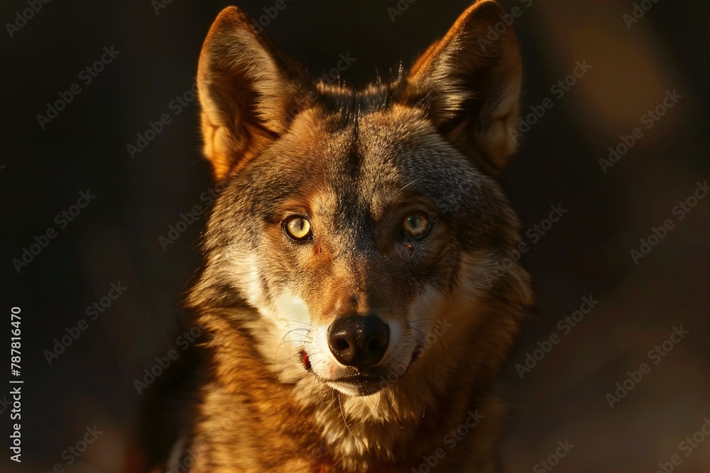 Portrait of a wolf looking at the camera, close-up