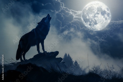 Wolf in the forest with full moon in the background   Halloween concept