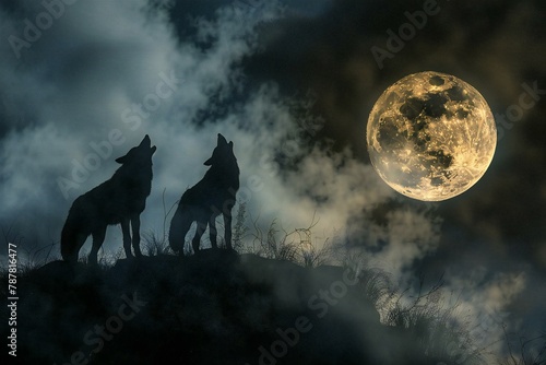 Wolf howling at the full moon in the night sky, render