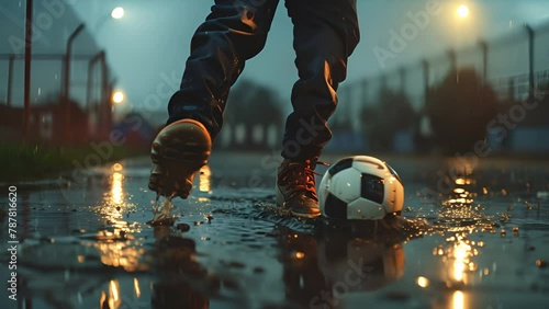 Teenagers foot kicking a soccer ball on rain saturated ground backlit by floodlights during twilight. Pushing shot in slow motion freezing the action. photo