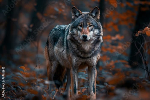 Portrait of a wolf in the autumn forest on a dark background