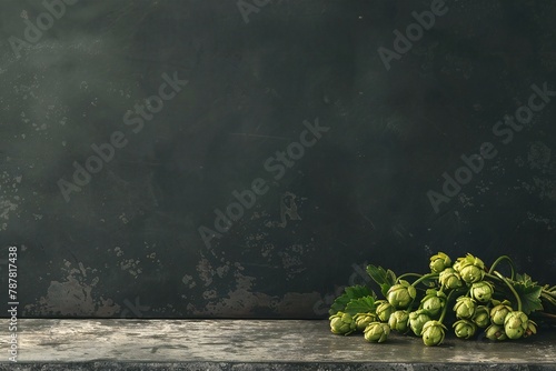Green hop cones on dark background with copy space, Beer brewing concept