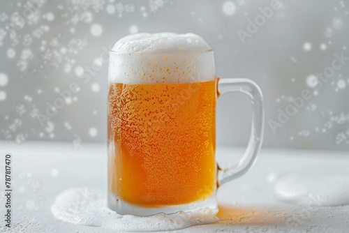 Mug of beer with foam on blurred background with snowflakes