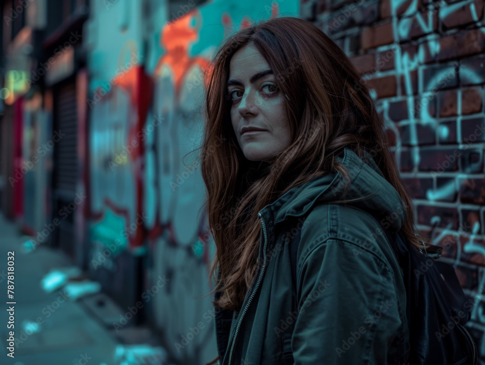 Obraz premium Young adult woman portrait with a city scene background.