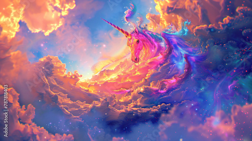 Trippy unicorn with its head in the clouds.