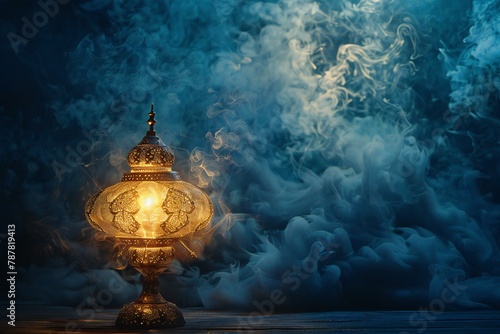 Ramadan Kareem background, Arabic lantern with burning candle on dark toned foggy background