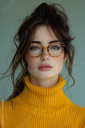 Portrait of a beautiful young woman in a yellow sweater and glasses